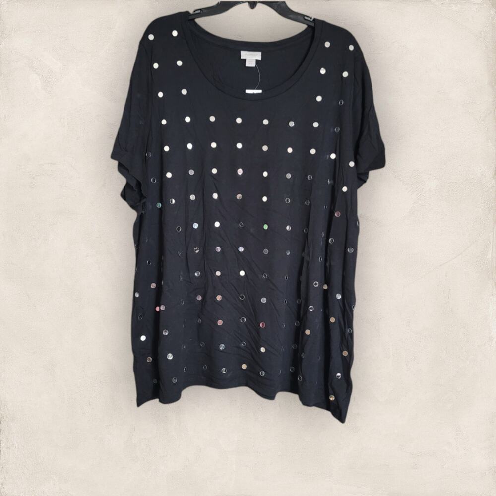 Avenue Black Short Sleeve Scoop Neckline Polka Dot Sequin Top Size 26/28 - Picture 1 of 6
